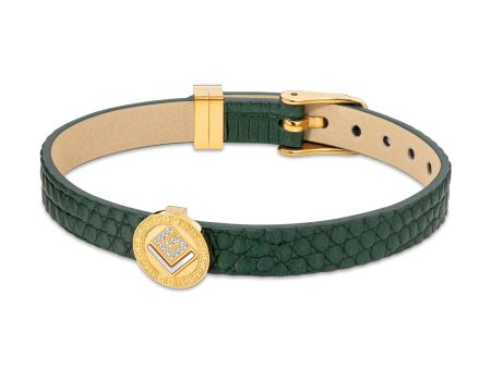 Guy Laroche Diane Gold Plated Green Leather Bracelet With Crystals Supply