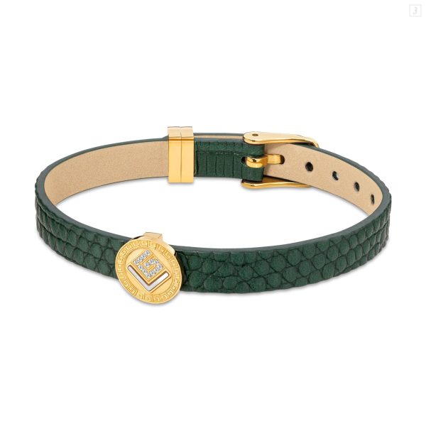 Guy Laroche Diane Gold Plated Green Leather Bracelet With Crystals Supply