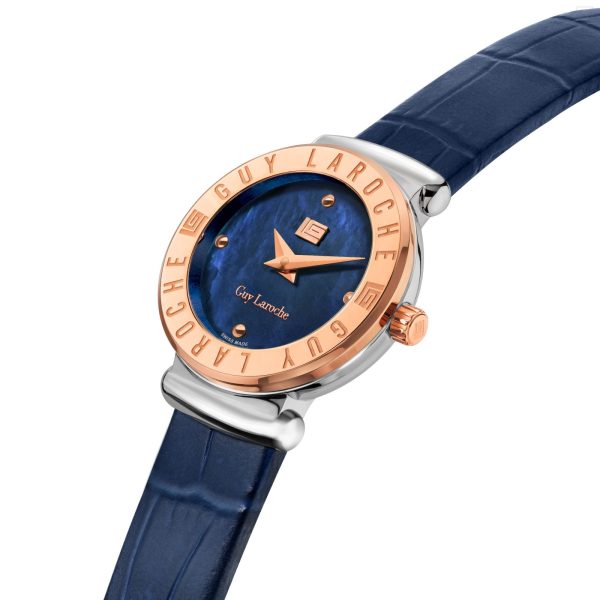 Guy Laroche Betty Ladies Blue MOP Dial Stainless Steel Rose Gold Case Blue Leather Starp Watch For Discount