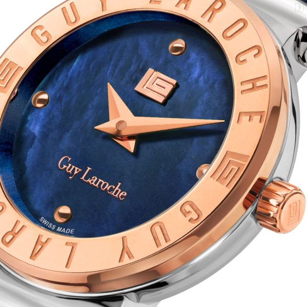 Guy Laroche Betty Ladies Blue MOP Dial Stainless Steel Rose Gold Case Blue Leather Starp Watch For Discount