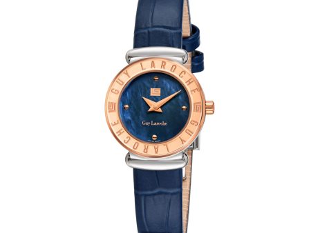 Guy Laroche Betty Ladies Blue MOP Dial Stainless Steel Rose Gold Case Blue Leather Starp Watch For Discount