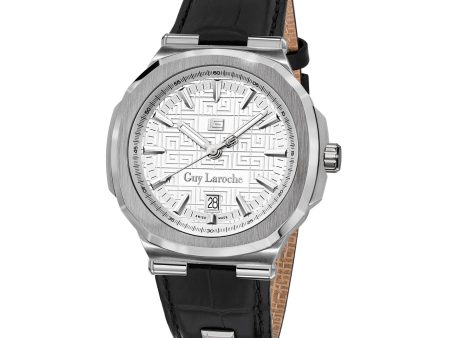 Guy Laroche Charlie Gents White Dial Stainless Steel Case Black Leather Strap Watch Hot on Sale