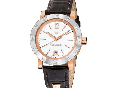 Guy Laroche Alex Gents White Dial Stainless Steel Rose Gold Case With Brown Leather Starp Watch Online Sale