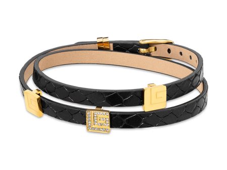 Guy Laroche Elise Gold Plated Black Leather Bracelet With Crystals For Sale