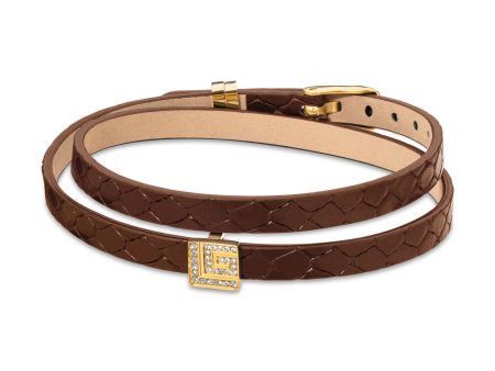 Guy Laroche Elise Gold Plated Brown Leather Bracelet With Crystals Online Sale