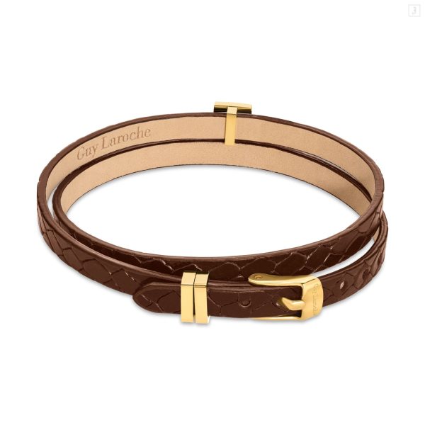 Guy Laroche Elise Gold Plated Brown Leather Bracelet With Crystals Online Sale