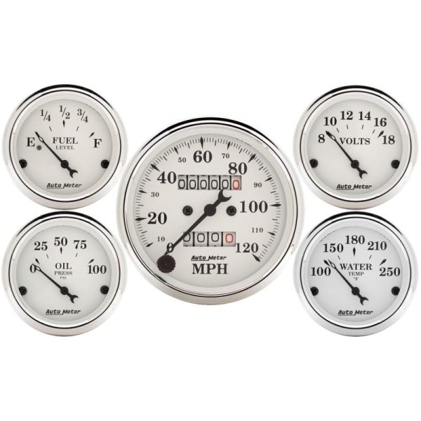 Auto Meter Speedometer 3-1 8in and 2-1 16in Mechanical 5-Piece Old Tyme White Gauge Kit Sale