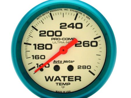 Autometer Ultra-Nite 2-5 8in 140-280 Deg F Mechanical Glow In The Dark Water Temp Gauge Supply