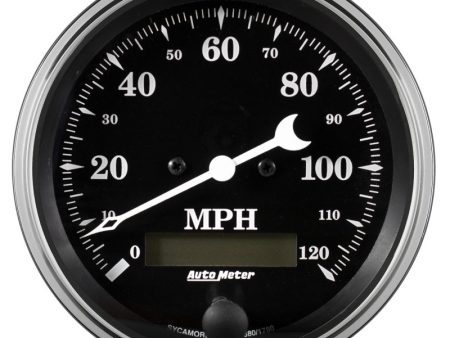 Auto Meter Gauge Speedo. 3 3 8in 120mph Elec. Prog. w  LCD Odo Old Tyme Black on Sale