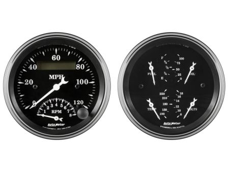 Auto Meter Gauge Kit 2 pc. Quad & Tach Speedo 3 3 8in Old Tyme Black Hot on Sale