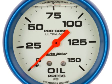 Autometer Ultra-Nite 2-5 8in 0-150 PSI Liquid Filled Mechanical Glow In Dark Oil Pressure Gauge For Discount